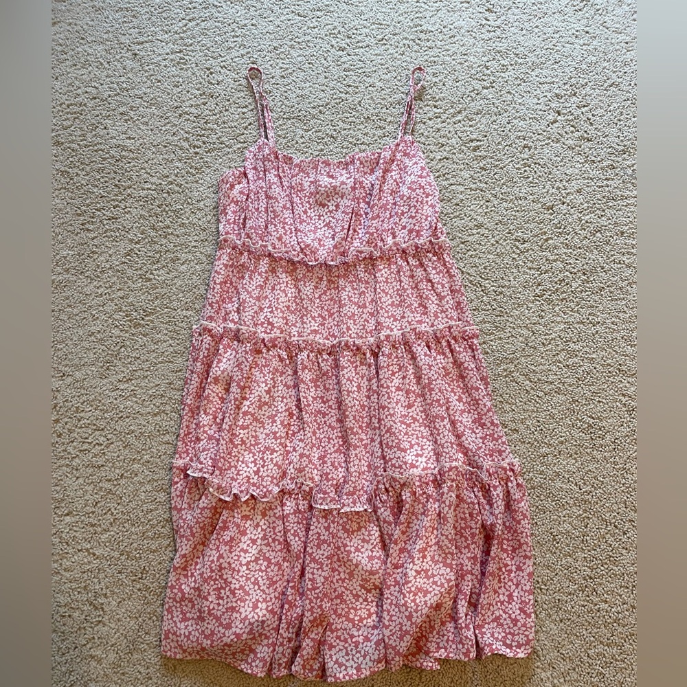 pink floral tiered ruffle mini dress